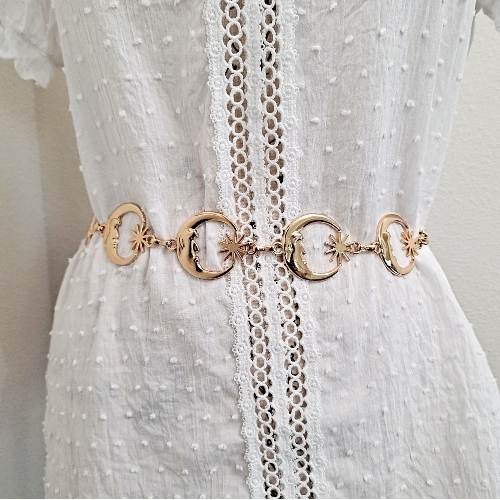 Gold Chain Chunky Boho Moon Sun Waist Belt XS to L Adjustable Celestial whimsy - Picture 9 of 12